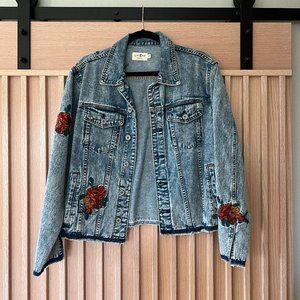 Umgee Denim Jacket Women's Floral Applique Raw Hem Collared Jean, Size L